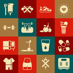 Set Bathroom scales, Vitamin pill, Fresh smoothie, Sport sneakers, Bench with barbel, Dumbbell, Toothbrush and toothpaste and Fruit icon. Vector