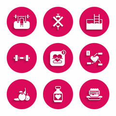 Set Mobile with heart rate, Vitamin pill, Junk food, Attention to health, Fruit, Dumbbell, Swimming pool ladder and Bench barbel icon. Vector