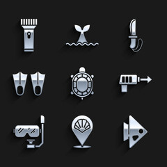 Set Turtle, Scallop sea shell, Fish, Fishing harpoon, Diving mask and snorkel, Rubber flippers, Knife and Flashlight icon. Vector