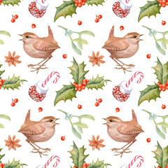 Hand drawn vector christmas seamless pattern with wren, holly, cranberry isolated on white background.