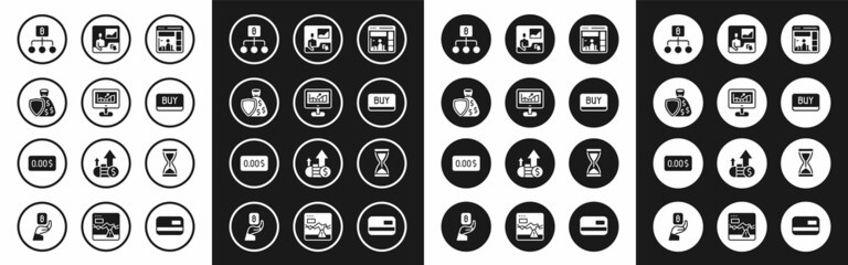 Set Website with growth graph, Computer, Shield and money bag, Blockchain technology Bitcoin, Buy button, Trading courses, Old hourglass and Zero cost icon. Vector