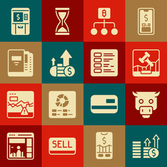 Set Financial growth and dollar, Bull market, Online internet auction, Blockchain technology Bitcoin, Office folders, ATM money and Business finance report icon. Vector