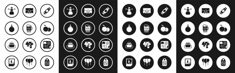Set Candy, Wooden beer mug, Christmas ball, snowman, Tangerine, postcard, Firework rocket and Cake icon. Vector
