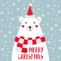Winter new year christmas postcards. Cute polar bear character with scarf. Snowflakes. Vector background
