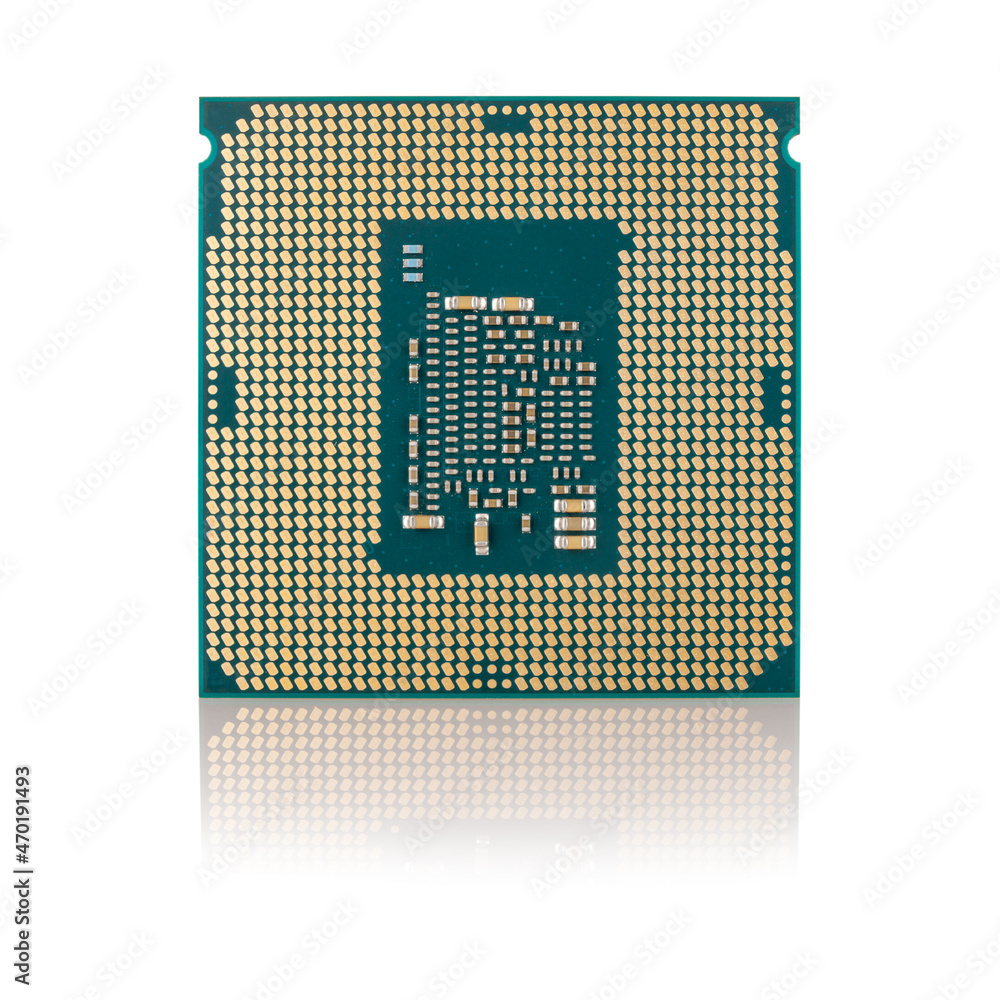 Poster cpu close-up, macro, connecting pins on the cpu unit, isolated on a white background