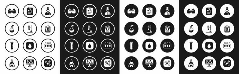 Set Laboratory assistant, Test tube flask on fire, Plant breeding, Safety goggle glasses, Poison bottle, Chemistry report, and and icon. Vector