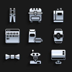 Set Burger, Robot, Computer monitor screen, Energy drink, Bow tie, Binary code, Book and Pants with suspenders icon. Vector