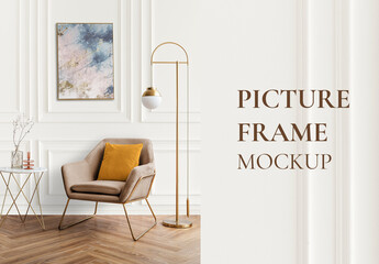 Picture Frame Mockup by an Orange Velvet Armchair