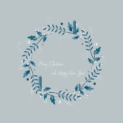 Vector illustration of a Christmas wreath. Blue wreath. Invitation, postcard with New Year's motives. Illustration for the new year of the tiger.