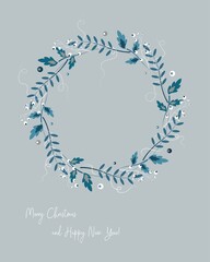 Vector illustration of a Christmas wreath. Blue wreath. Invitation, postcard with New Year's motives.
