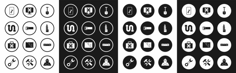 Set Shovel, Hand saw, Industry pipe, Mobile service, Stationery knife, Location with wrench, Construction bubble level and Toolbox icon. Vector