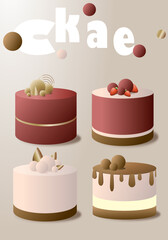 Vector set of cakes in a minimalistic flat style. Drawing sweets for menus, cafes or banners. Birthday cake