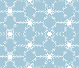 Winter Seamless Pattern Snowflakes in geometric style, white on a blue background. Winter decor for Christmas and New Year. Design of textiles, wrapping paper, cards, banners. Vector linear