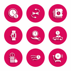 Set Clock, Time flies on the clock, Ringing alarm bell, to travel, Waste of time, Smartwatch, Daily paper notepad and is money icon. Vector