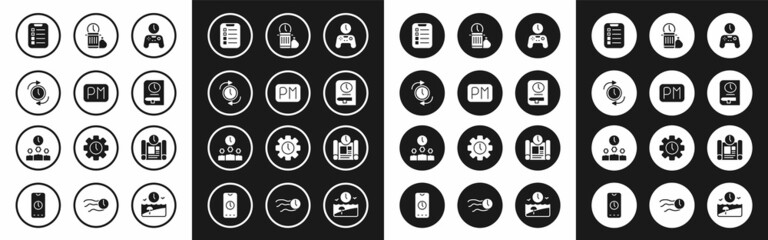 Set Gamepad of time, Day, Clock with arrow, To do list or planning, Time for book, Waste, Project and Management icon. Vector
