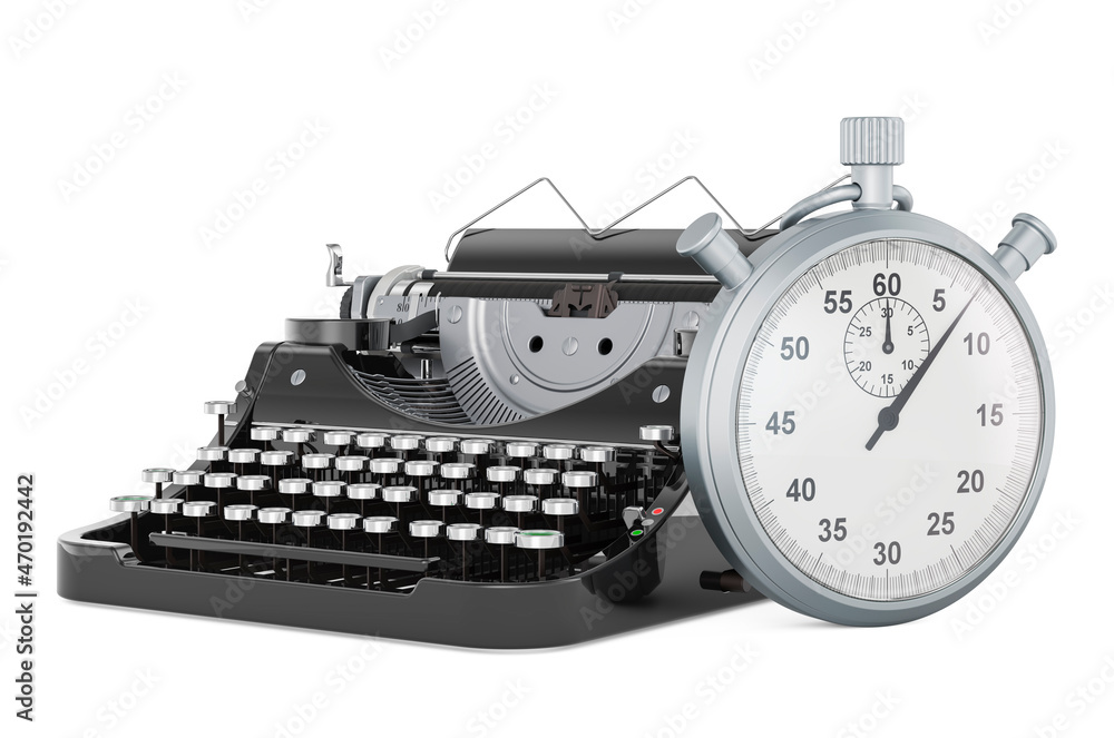 Poster manual typewriter with stopwatch, 3d rendering