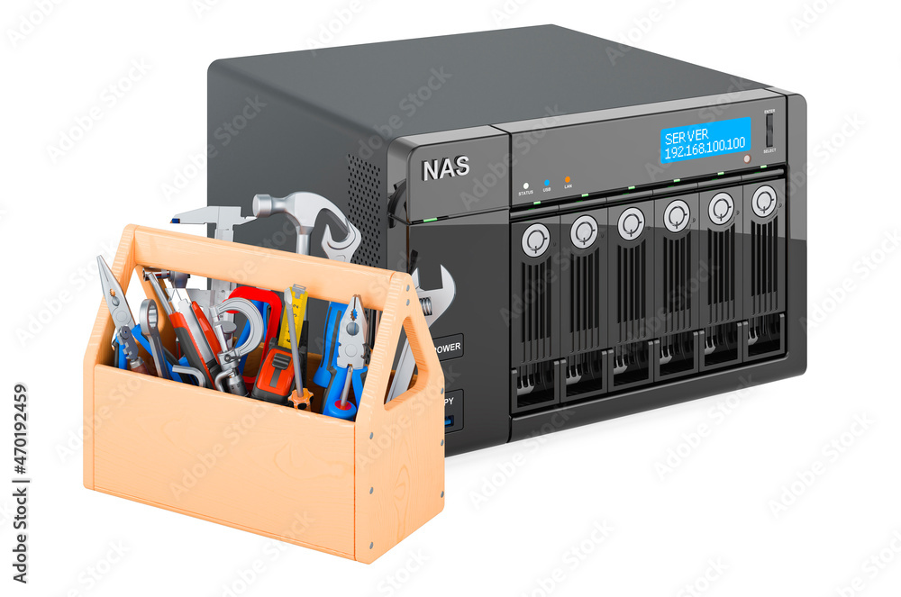 Poster network-attached storage with toolbox. repair and service of nas, 3d rendering