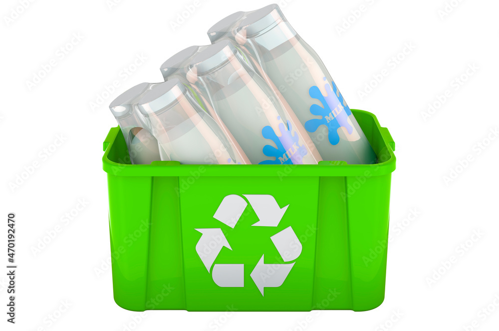 Poster recycling trash can with milk bottles. 3d rendering