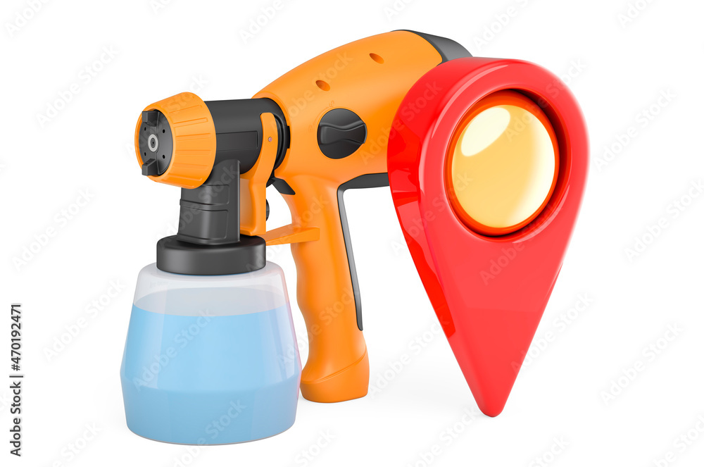Poster painting spray gun with map pointer. 3d rendering