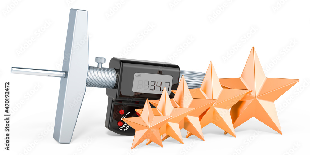 Poster digital depth micrometer with five golden stars. 3d rendering