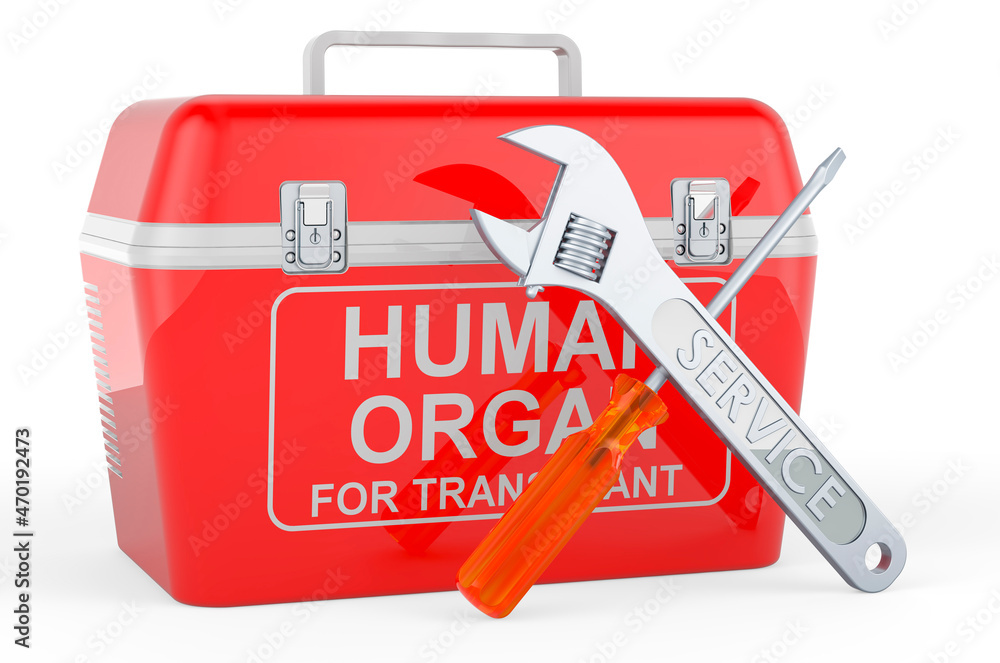 Poster portable fridge for transporting donor organs with screwdriver and wrench. 3d rendering