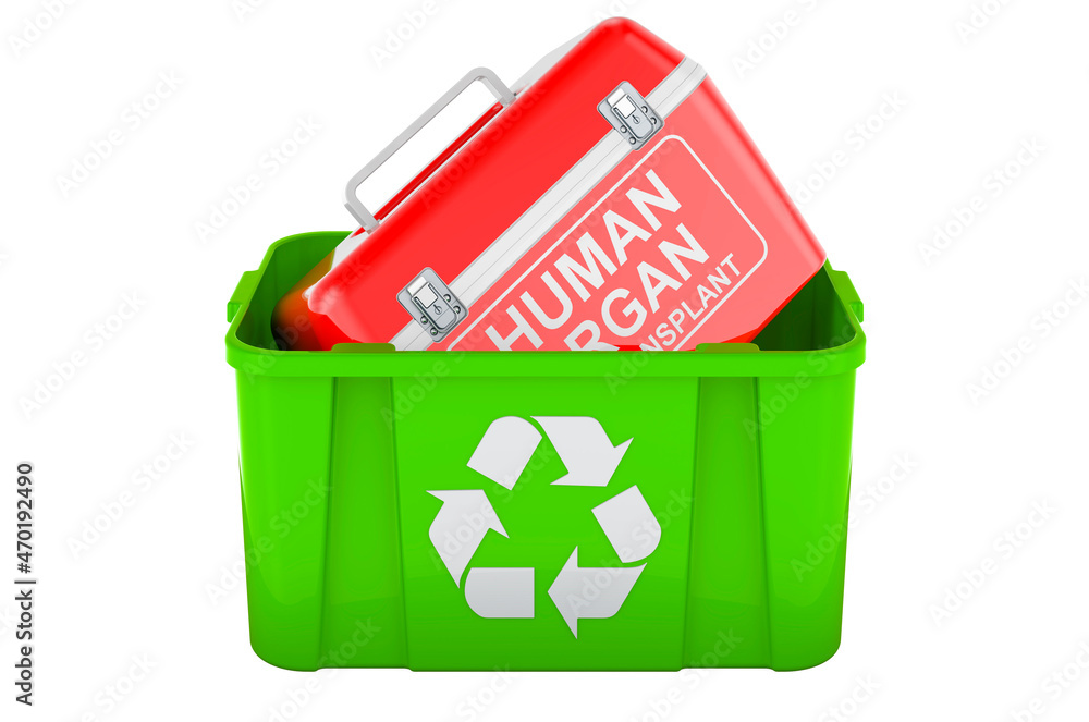 Poster recycling trash can with portable fridge for transporting donor organs. 3d rendering