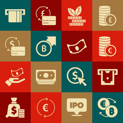 Set Cryptocurrency exchange, ATM and money, Coin with euro symbol, Dollar plant, Financial growth bitcoin, Credit card, inserted and Stacks paper cash icon. Vector