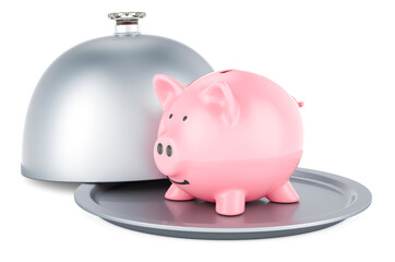 Restaurant cloche with piggy bank, 3D rendering