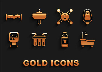 Set Water filter, Toilet urinal or pissoir, Bathtub, Bottle for cleaning agent, Pressure water meter, tap, Industry metallic pipe and Washbasin icon. Vector