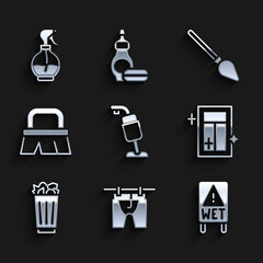 Set Vacuum cleaner, Drying clothes, Wet floor, Cleaning service for window, Full trash can, Brush cleaning, Handle broom and Water spray bottle icon. Vector