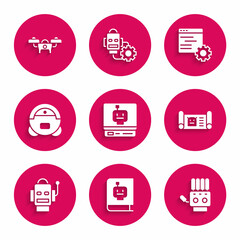 Set Robot, User manual, Mechanical robot hand, blueprint, vacuum cleaner, Computer api interface and Drone icon. Vector