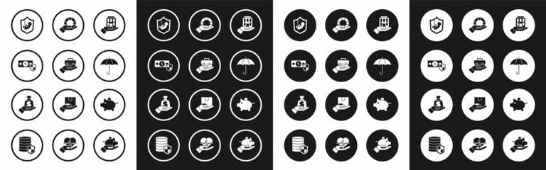Fototapeta premium Set House in hand, Hand holding briefcase, Money with shield, Life insurance, Umbrella, Lifebuoy, Piggy bank and icon. Vector