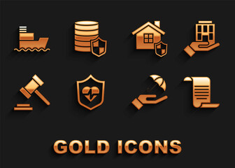 Set Life insurance with shield, House hand, Document, Umbrella, Judge gavel, Ship and Money icon. Vector