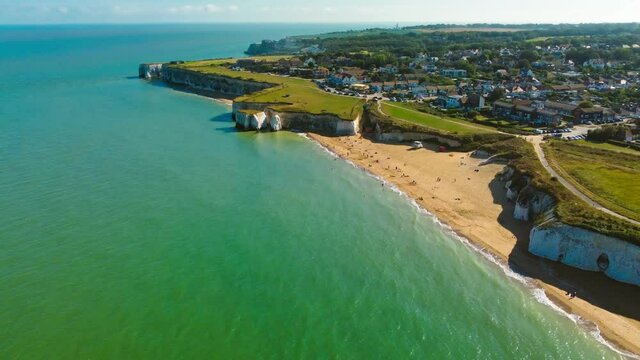 Drone aerial view of the beach and white cliffs, Margate, England