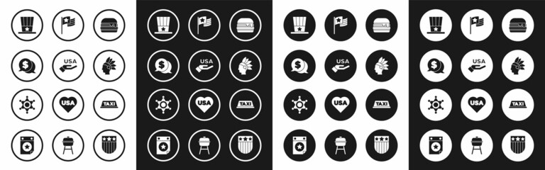 Set Burger, USA Independence day, Coin money with dollar, Patriotic American top hat, Native Indian, flag, Taxi car roof and Hexagram sheriff icon. Vector