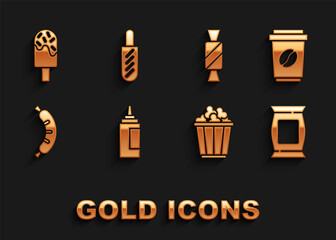 Set Sauce bottle, Coffee cup to go, Bag or packet potato chips, Popcorn in box, Hotdog, Candy, Ice cream and sandwich icon. Vector