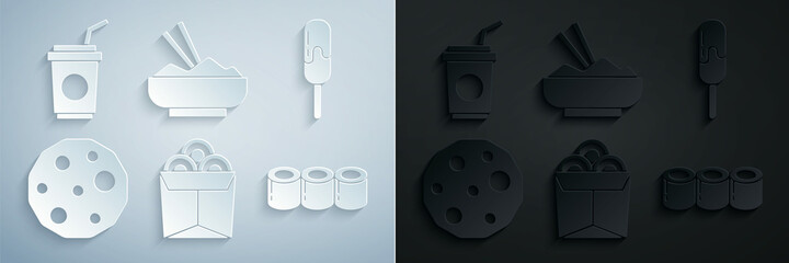 Set Noodles in box, Ice cream, Cookie or biscuit, Sushi, Rice bowl with chopstick and Paper glass straw icon. Vector