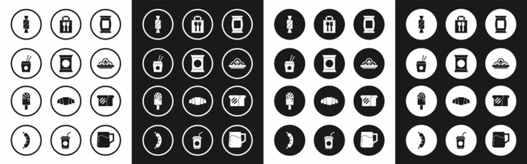 Set Bag or packet potato chips, Asian noodles and chopsticks, Candy, in bowl, Online ordering delivery, Bread toast and Ice cream icon. Vector