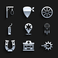 Set Hexagram sheriff, Wild west saloon, Spur, Dream catcher with feathers, Horseshoe, Dynamite bomb, Old wooden wheel and Gallows icon. Vector