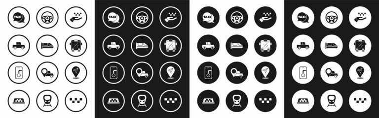 Set Hand with taxi, High-speed train, Car, Taxi call telephone service, Bus, Steering wheel, Location and City map navigation icon. Vector