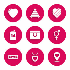 Set Shopping bag, Necklace with heart shaped, Location, Gender, Love text, Greeting card, Candy box and Heart icon. Vector