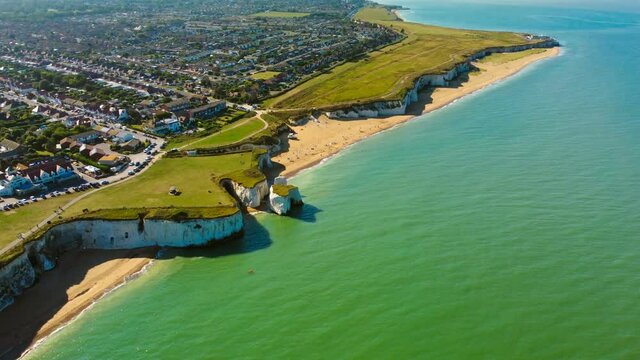 Drone aerial view of the beach and white cliffs, Margate, England
