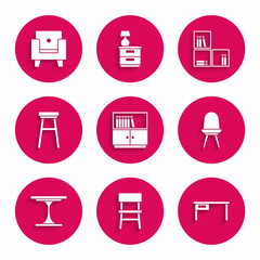 Set Library bookshelf, Chair, Office desk, Round table, Shelf with and Armchair icon. Vector