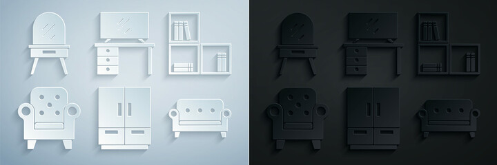 Set Wardrobe, Shelf with books, Armchair, Sofa, TV table stand and Dressing icon. Vector