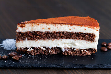chocolate cake with cream layers, close up