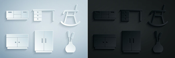 Set Wardrobe, Armchair, Chest of drawers, Vase, Office desk and Furniture nightstand icon. Vector