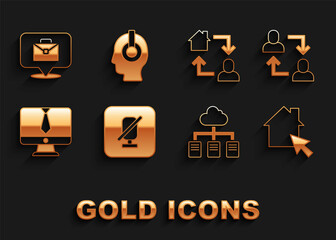 Set Mute microphone, Project team base, Online working, Video chat conference, and Freelancer icon. Vector