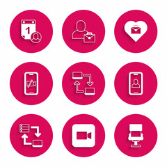 Set Online working, Camera, Office chair, Video chat conference, camera mobile, Heart with text and Time management icon. Vector