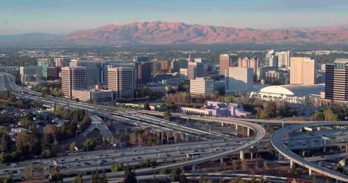 Aerial USA San Jose California Downtown city buildings Silicon Valley Urban residential travel business Technology travel at rush hour