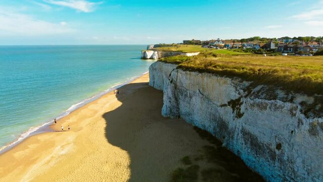 Drone aerial view of the beach and white cliffs, Margate, England